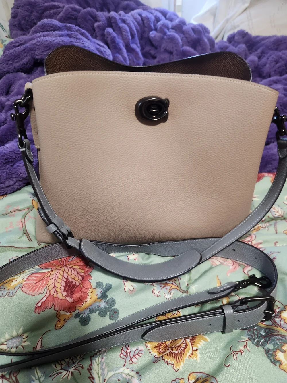 Coach Two-Tone Pebbled Leather Crossbody - Cream and Light Gray